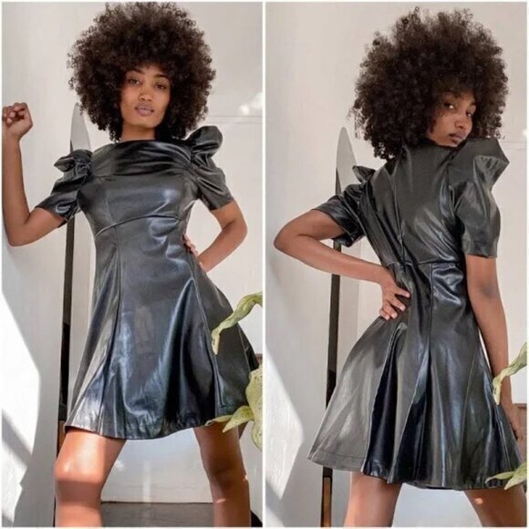 NWOT" Lulu’s Add Some Flair Black Vegan Leather Puff Sleeve‎ Mini Dress-Large - Picture 1 of 14